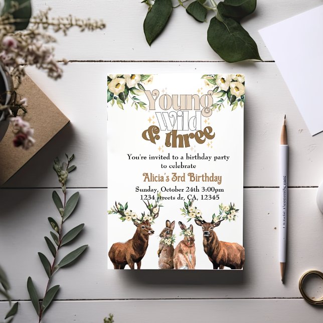 Invitation Jeune sauvage et fête d'anniversaire de trois enfa (Créateur téléchargé)