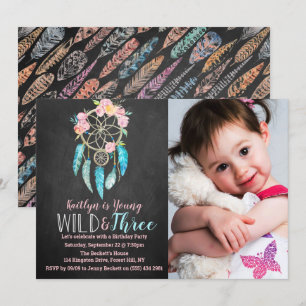 Invitation Jeune, sauvage et trois Boho Photo Anniversaire In