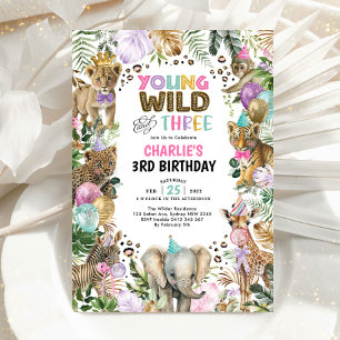 Invitation Jeune sauvage et trois fêtes Animaux Fille Anniver