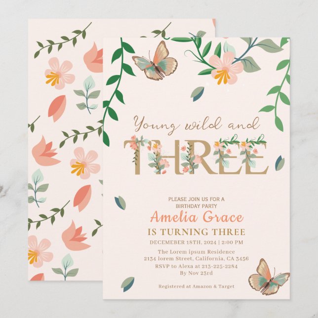 Invitation Jeune sauvage et trois pêches florales 3e annivers (Devant / Derrière)