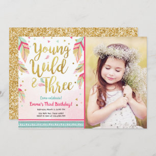 Invitation Jeune sauvage et trois plumes Or rose Anniversaire