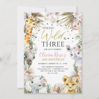 Invitation Jeune, sauvage et trois Safari 3e anniversaire Ani