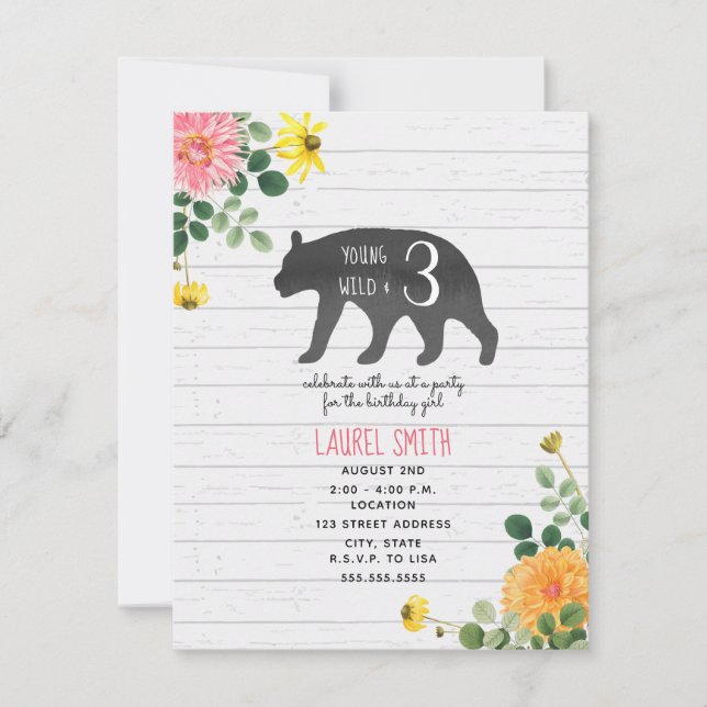 Invitation Jeune Wild Trois Ours Fleur sauvage Anniversaire (Devant)