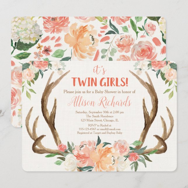 Invitation Jeunes filles baby shower invitant les cerfs (Devant / Derrière)