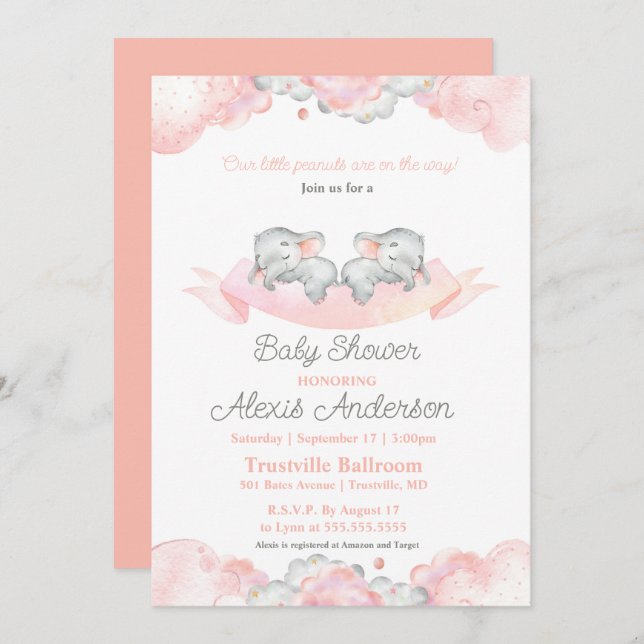 Invitation Jeunes filles couchage Twins Elephants Baby shower (Devant / Derrière)