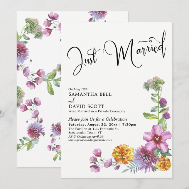 Invitation Jeunes Mariés Aquarelle Réception Fleurs Sauvages (Devant / Derrière)