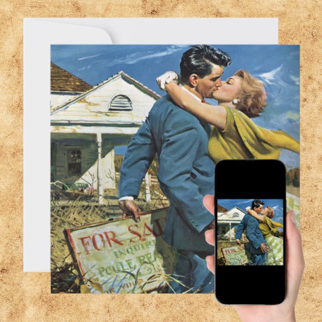 Invitation Jeunes mariés vintage s'embrassant, Fête de crémai (Vintage Newlyweds Kissing, Housewarming Party Invitation)