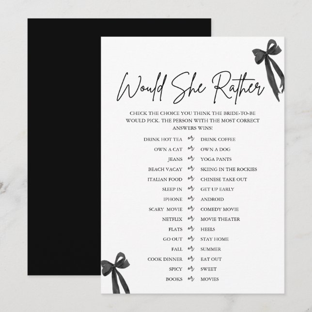 Invitation Jeux de Baby Shower "Black Bow Would She Rather" (Devant / Derrière)