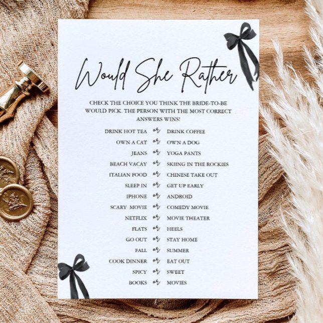 Invitation Jeux de Baby Shower "Black Bow Would She Rather" (Black Bow Would She Rather Bridal Shower Game)