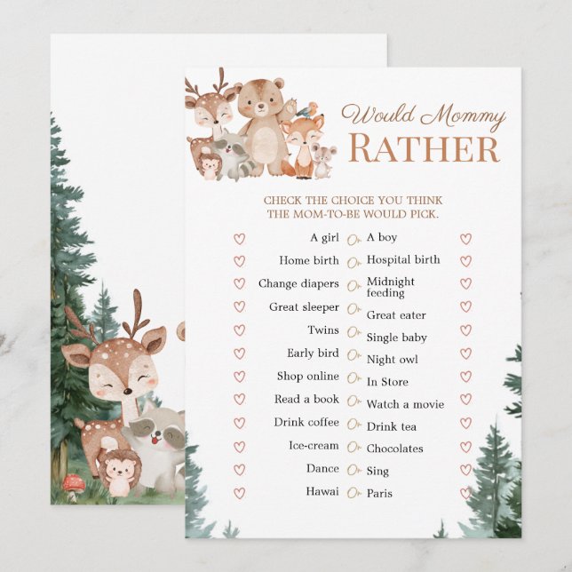 Invitation Jeux de Baby Shower Double Face Animaux Forêt (Devant / Derrière)