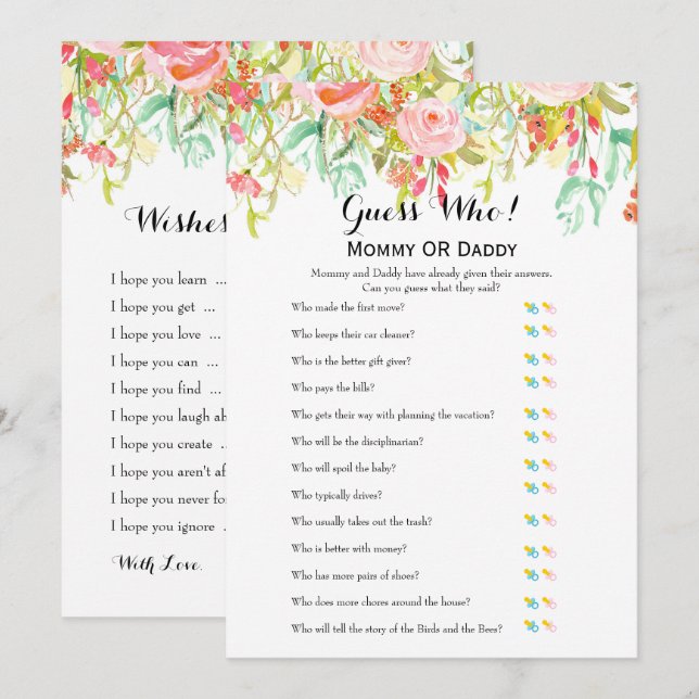 Invitation Jeux de baby shower - Voeux pour bébé et Devinez q (Devant / Derrière)