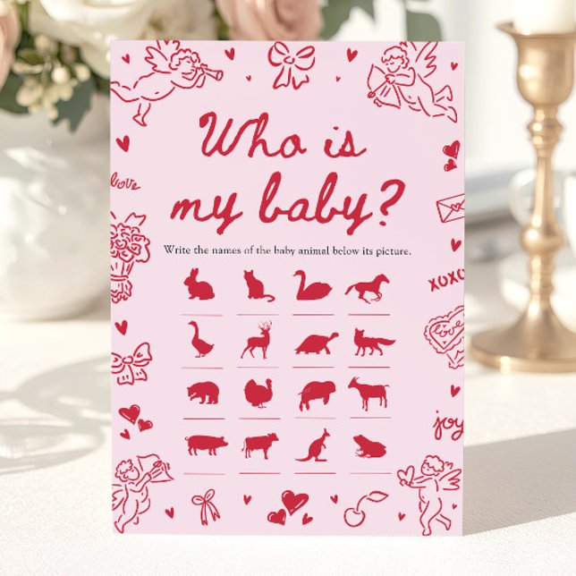 Invitation Jeux de bébé rose dessiné à la main pour la Saint- (Pink Hand Drawn Valentine Who Is My Baby Game)