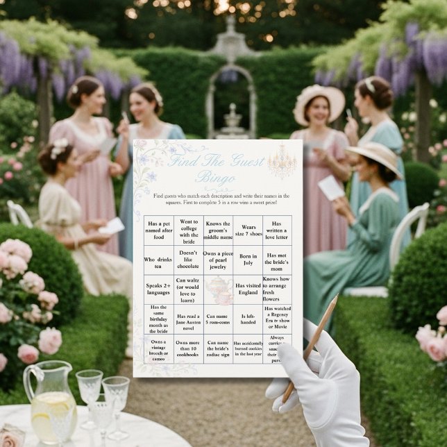 Invitation Jeux de Bingo pour la fête de douche de la mariée  (Regency Find the Guest Bridal Shower Bingo game)