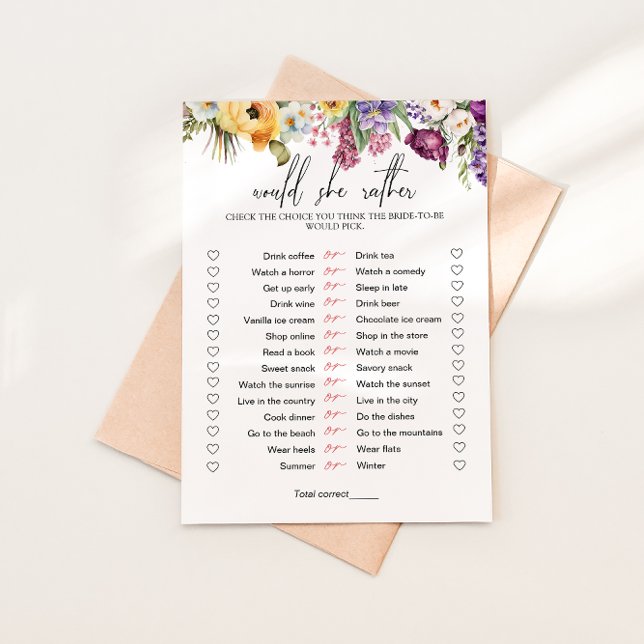 Invitation Jeux de Fête de Mariage Floral 'Préférerait-Elle'  (Créateur téléchargé)