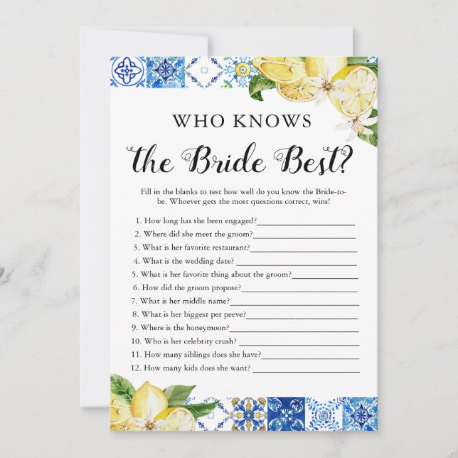 Invitation Jeux de mariage Blue Tile Lemons Qui connaît le mi (Devant)