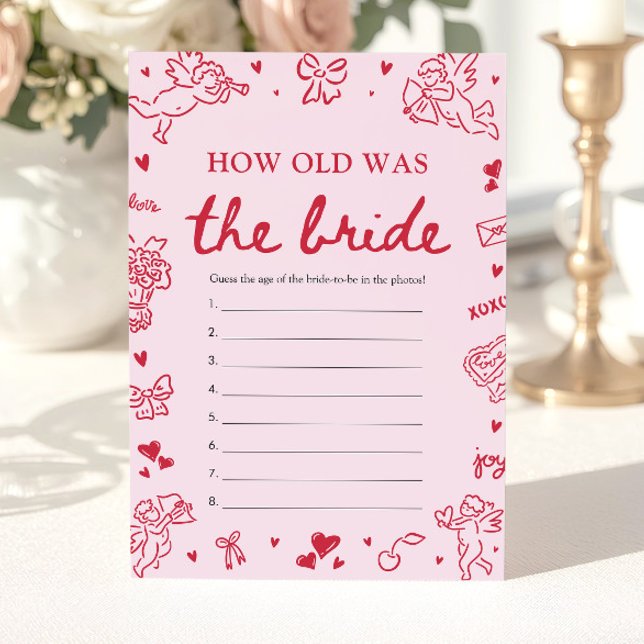 Invitation Jeux de mariage Dessin à main levée Rose Quel âge  (Pink Hand Drawn How Old Was The Bride Game)