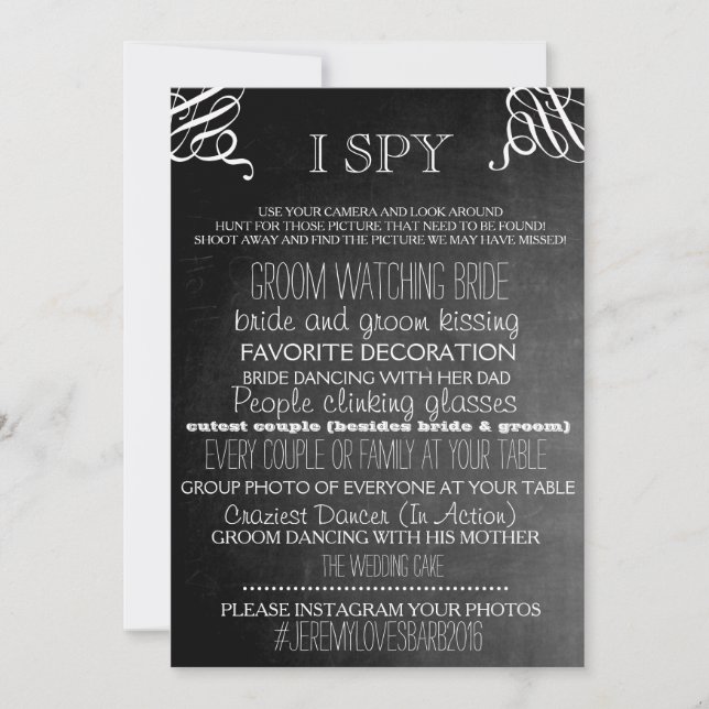 Invitation Jeux de mariage 'I Spy' édition tableau noir (Devant)