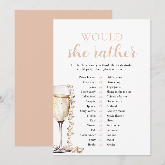 Invitation Jeux de Perles Roses et Prosecco : Préférerait-Ell (Devant / Derrière)