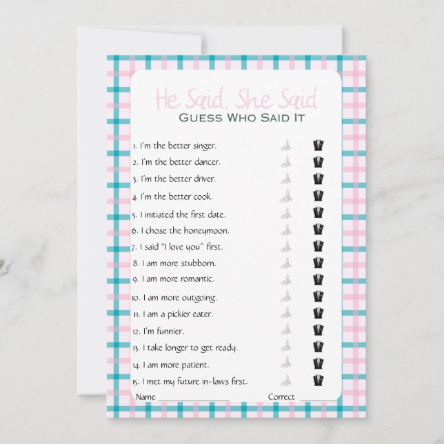 Invitation Jeux de Salle de Mariée 'Il a Dit, Elle a Dit' (Devant)