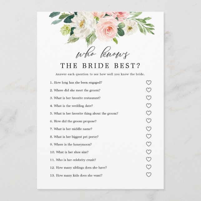 Invitation Jeux imprimable de mariage Fleurs rose Qui connaît (Devant)