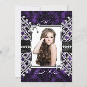 Invitation Jewel & Damassé Photo Sweet 16 Violet Noir Argent