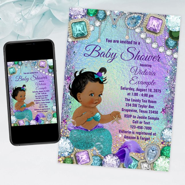 Invitation Jewel Mermaid Baby shower de sirène africaine (Mermaid baby shower invitation with adorable ethnic mermaid baby. For instant download and print.)
