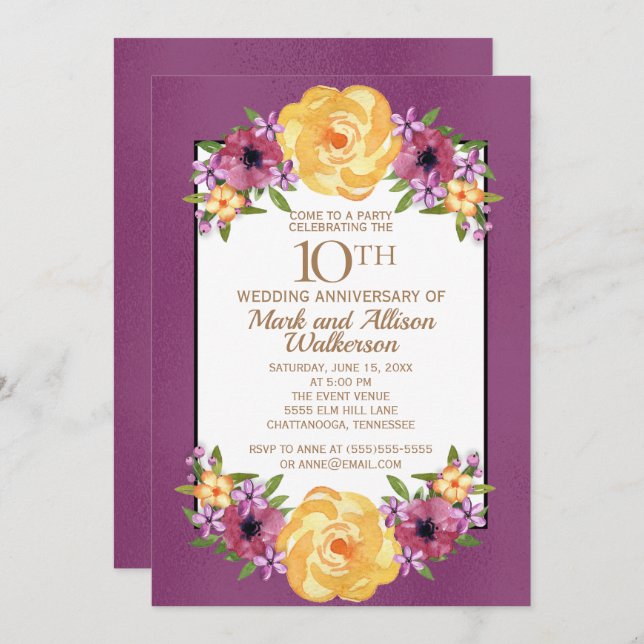 Invitation Jewel Tone Violet Jaune Floral 10e Anniversaire (Devant / Derrière)