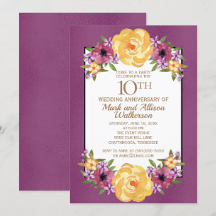 Invitation Jewel Tone Violet Jaune Floral 10e Anniversaire