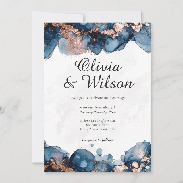 Invitation Jewel Tone Wedding Invitation, bleu marine et or R (Devant)