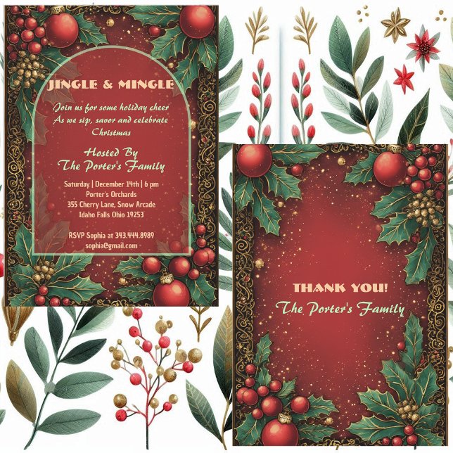 Invitation Jingle and Mingle Christmas Holly Motifs Red Berry (Jingle and Mingle Christmas Holly Motifs Red Berry Invitation)