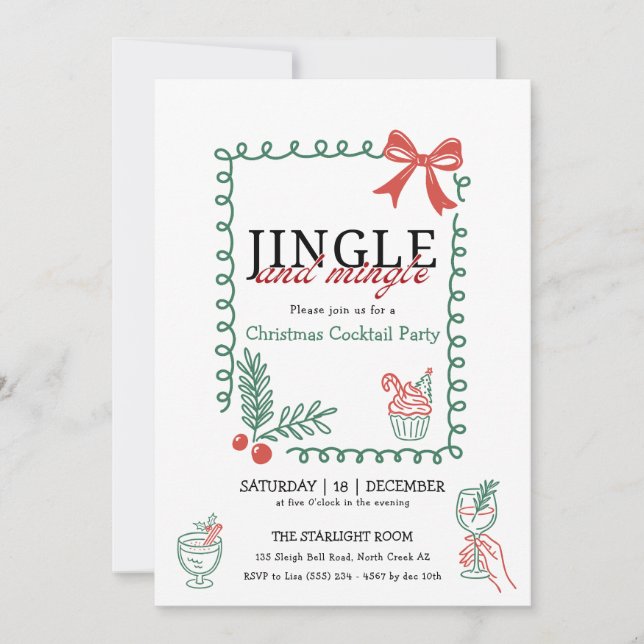 Invitation Jingle and mingle doodle christmas cocktail party  (Devant)