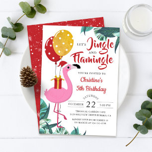 Invitation Jingle et Flamant rose Noël tropical Anniversaire