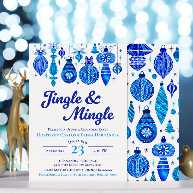 Invitation Jingle et Mingle Baubles de Noël bleu Aquarelle (Jingle & Mingle Blue Christmas Baubles Watercolor Invitation)