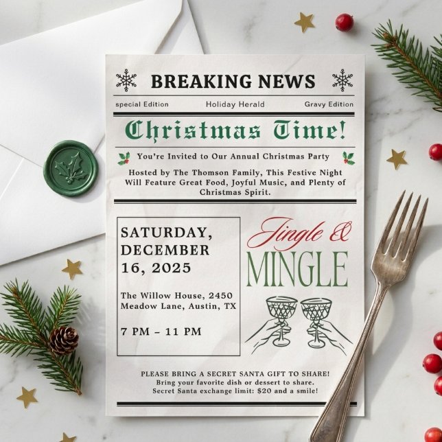 Invitation Jingle et Mingle Cocktail de Noël du journal  (Newspaper Jingle and Mingle Cocktail Christmas party holiday vintage modern whimsical Invitation)