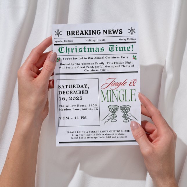 Invitation Jingle et Mingle Cocktail de Noël du journal  (newspaper jingle and mingle christmas invitations exchange christmas cocktail party white elephant )