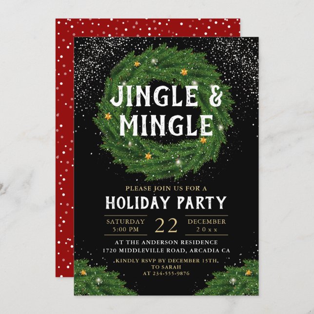 Invitation Jingle et Mingle Noël Fête de la couronne de Noël (Devant / Derrière)