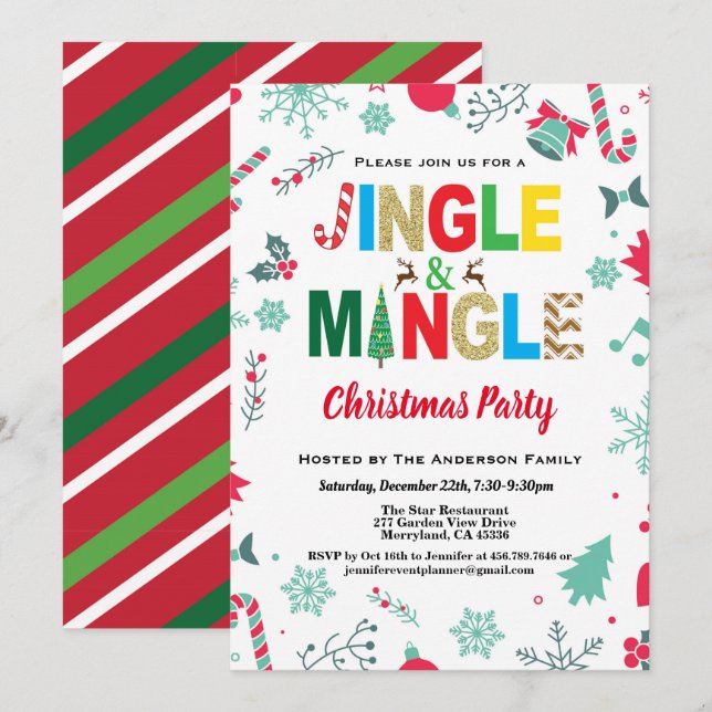 Invitation Jingle et Mingle Noël Party blanc et or (Devant / Derrière)