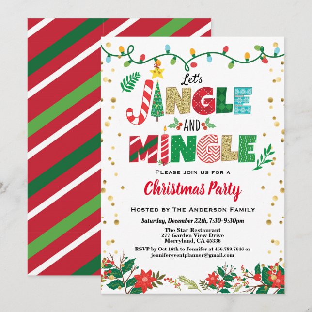 Invitation Jingle et Mingle Noël Party blanc et or (Devant / Derrière)