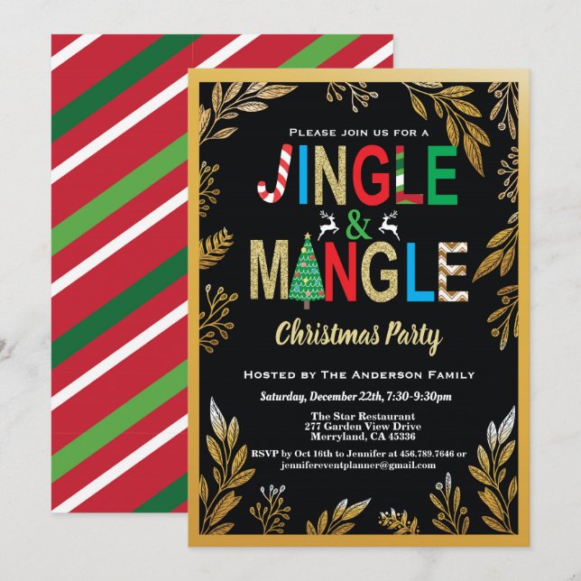 Invitation Jingle et Mingle Noël Party noir et or (Devant / Derrière)