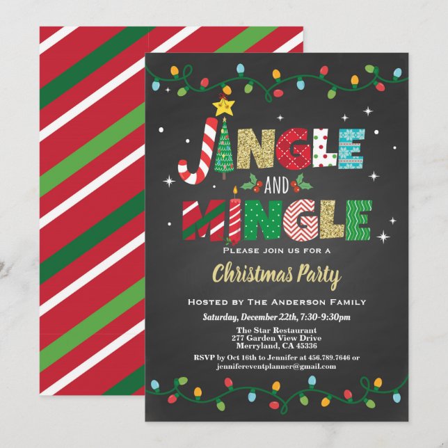 Invitation Jingle et Mingle Noël Party noir et or (Devant / Derrière)