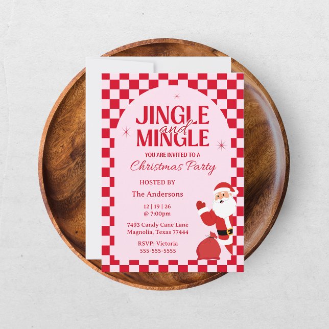 Invitation Jingle Et Mingle Noël Rétro Damier Rouge (Créateur téléchargé)