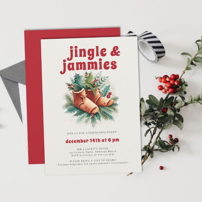 Invitation Jingle Jammies PJ Elf Friendsmas Noël (friendsmas christmas party invitation funny jingle jammies pj slumber sleepover elf slippers )