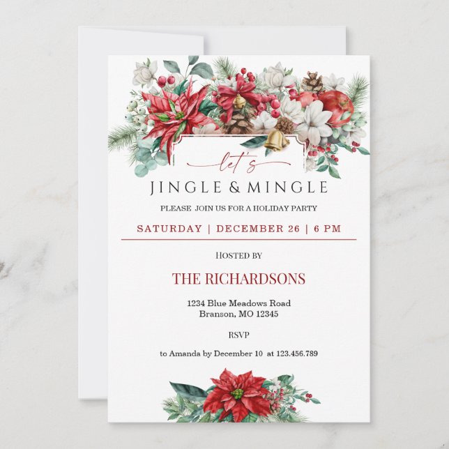 Invitation Jingle & Mingle Aquarelle Fête de Noël Florale (Devant)
