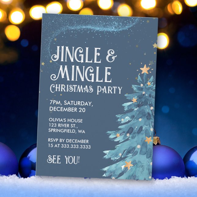 Invitation Jingle & Mingle Blue Gold Christmas Party (Créateur téléchargé)