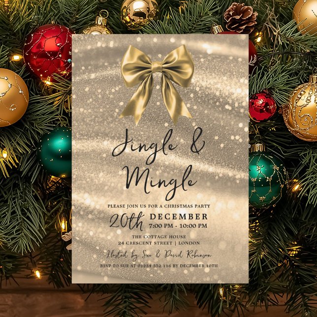 Invitation Jingle & Mingle Christmas Party Gold Sparkle Bow  (Créateur téléchargé)