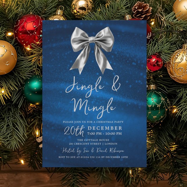 Invitation Jingle Mingle Fête de Noël Arc d'Argent et de Nuit (Jingle Mingle Christmas Party Silver Bow Navy Invitation)