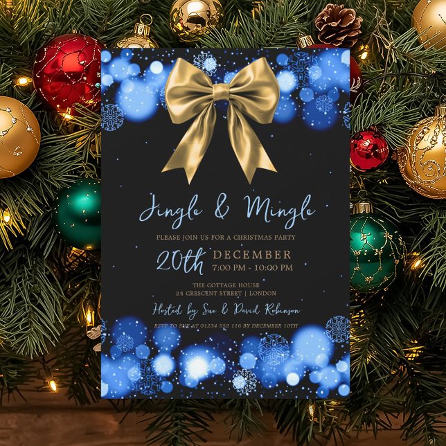 Invitation Jingle Mingle Fête de Noël Hiver Or Arc Bleu Marin (Jingle Mingle Xmas Party Winter Gold Bow Navy Invitation)