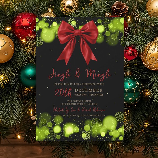 Invitation Jingle Mingle Fête de Noël Hiver Or Arc Vert (Jingle Mingle Xmas Party Winter Gold Bow Green Invitation)
