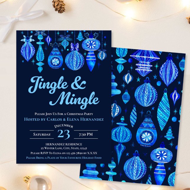Invitation Jingle & Mingle Marine Noël Baubles Aquarelle (Jingle & Mingle Navy Christmas Baubles Watercolor Invitation)