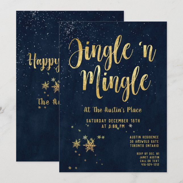 Invitation Jingle Mingle Navy Gold Calligraphy (Devant / Derrière)